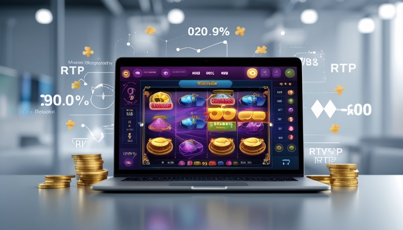 Seorang pemain menggunakan laptop dengan tampilan permainan slot online berwarna-warni yang menunjukkan fitur bonus progresif dan nilai RTP.