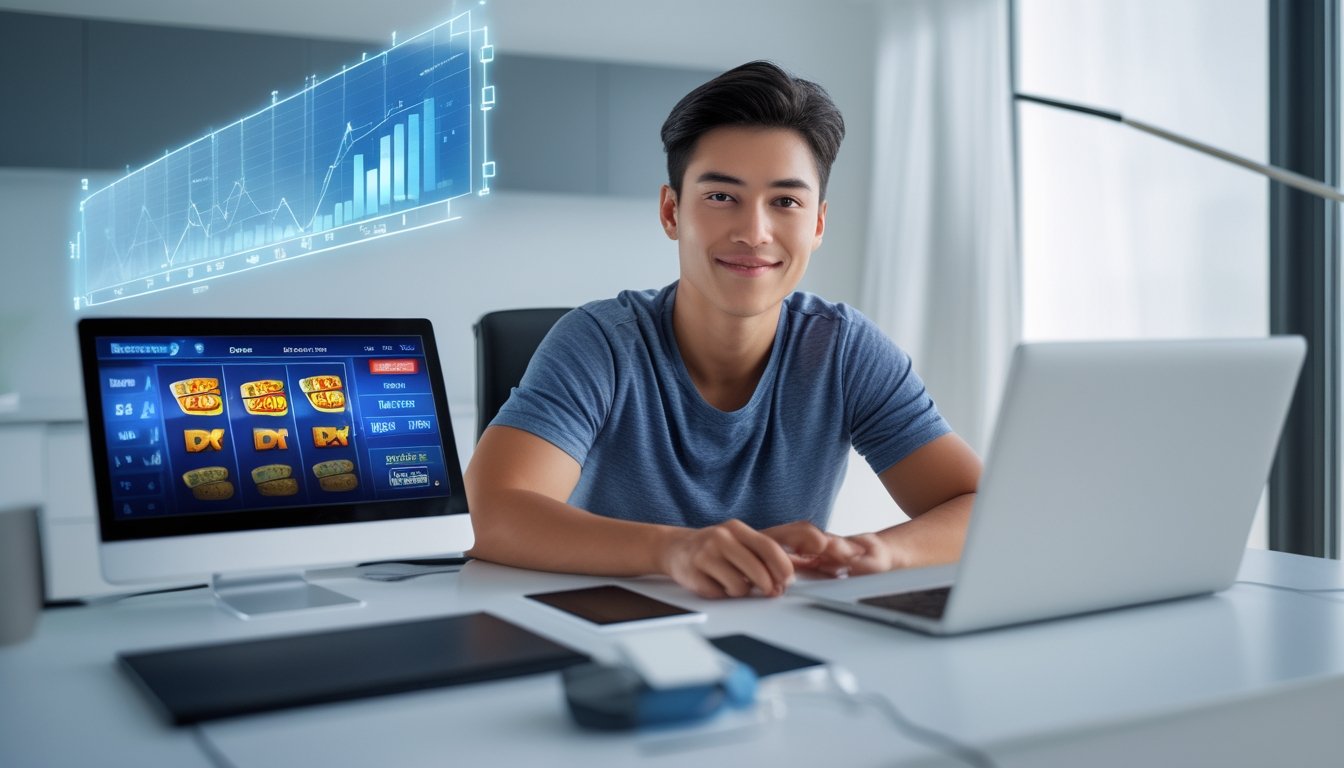 Seorang dewasa muda duduk di meja modern dengan laptop dan ponsel menampilkan permainan slot online, terlihat fokus dan percaya diri dalam ruangan kantor rumah yang rapi.