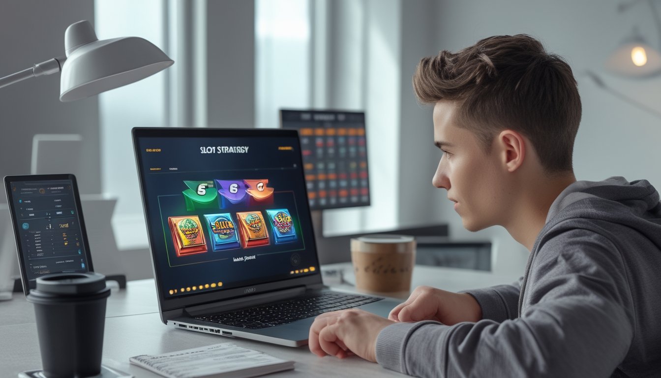 Seorang dewasa muda duduk di meja kerja dengan laptop yang menampilkan permainan slot online, terlihat fokus menganalisis strategi bermain.