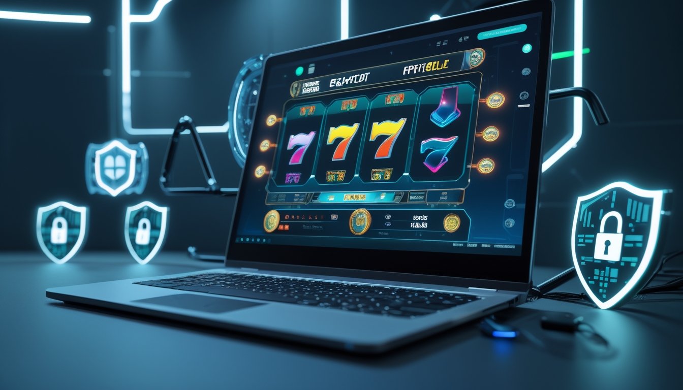 Layar komputer menampilkan permainan slot online dengan simbol berwarna cerah dan ikon keamanan digital di sekitarnya.