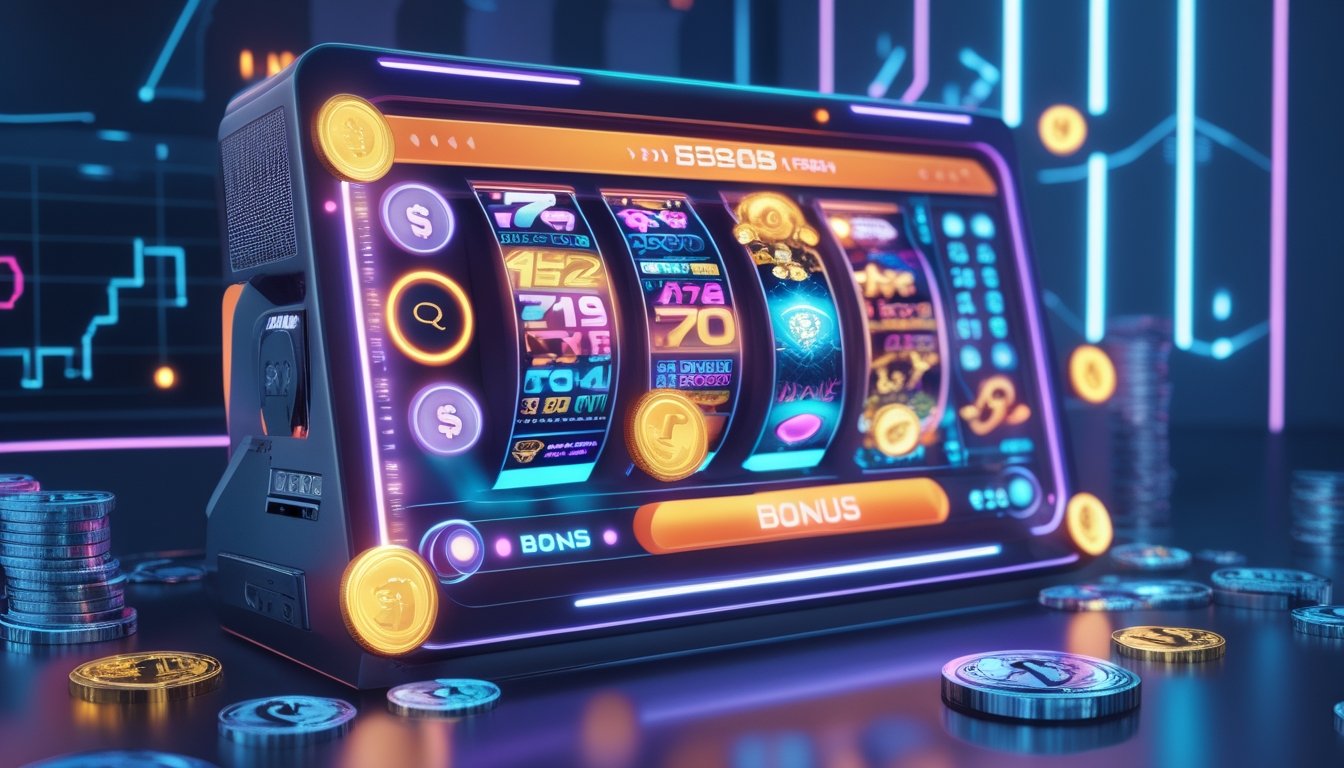 Antarmuka mesin slot online futuristik dengan ikon fitur bonus yang menyala dan simbol keuntungan tahun 2026.