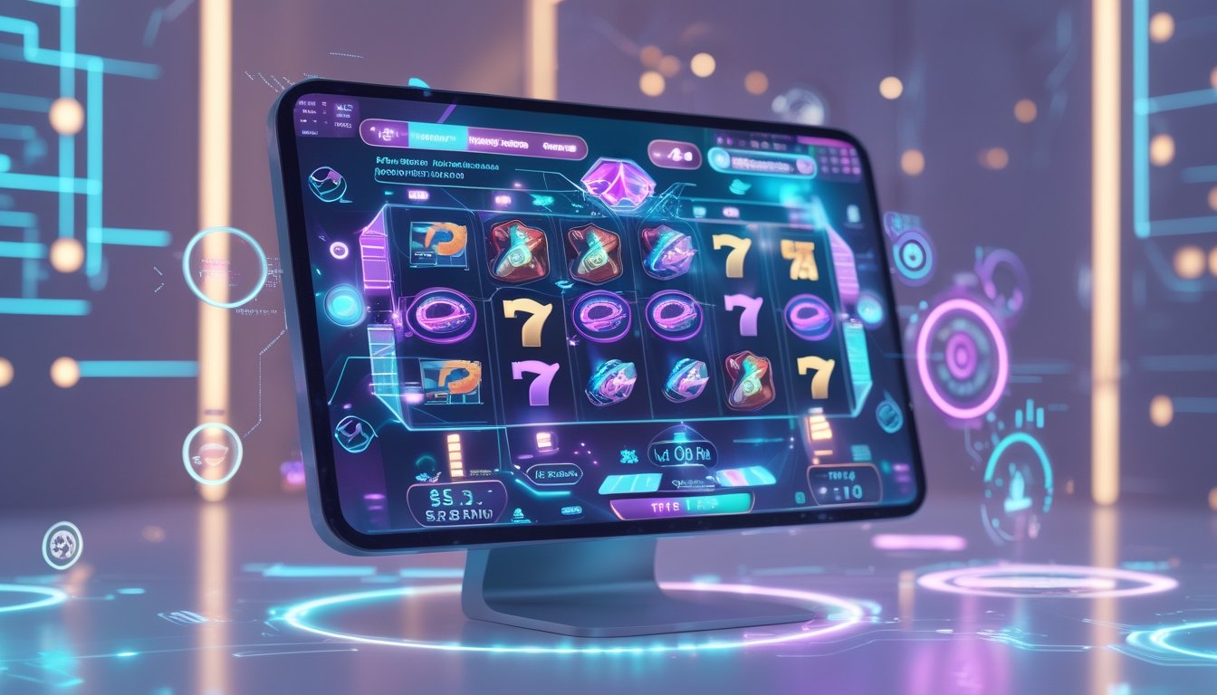 Tampilan mesin slot digital futuristik dengan ikon bonus inovatif dan latar belakang teknologi modern.