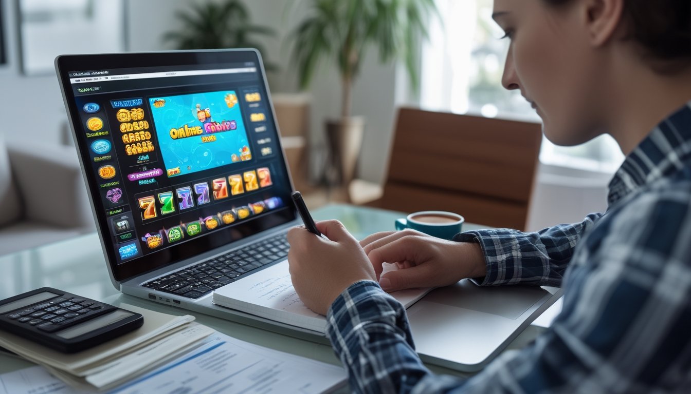 Seseorang sedang mengelola anggaran sambil bermain slot online di ruang tamu dengan laptop dan alat tulis di meja.