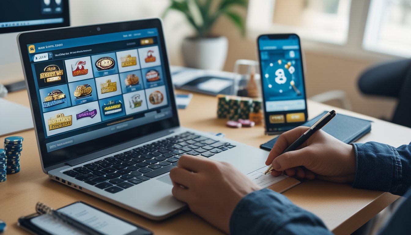 Seseorang duduk di meja dengan laptop menampilkan permainan slot online, sambil mencatat anggaran keuangan di buku catatan.