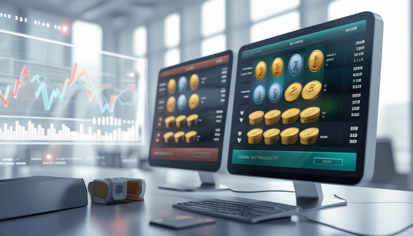 Dua layar mesin slot berdampingan menunjukkan perbedaan volatilitas rendah dan tinggi dengan tumpukan koin yang berbeda di latar belakang ruang kerja modern.