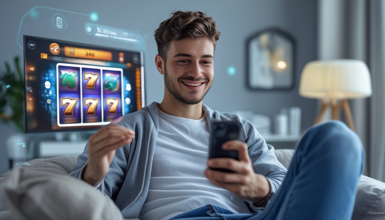 Seorang dewasa muda duduk santai memegang ponsel dengan permainan slot online terlihat di layar, di dalam ruangan yang terang dan modern.