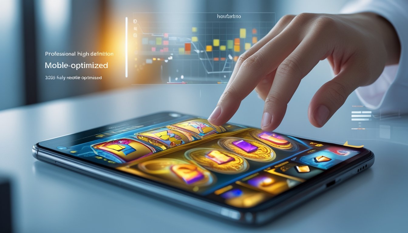 Seseorang menggunakan perangkat mobile untuk bermain permainan slot online dengan antarmuka yang menarik dan berwarna-warni.