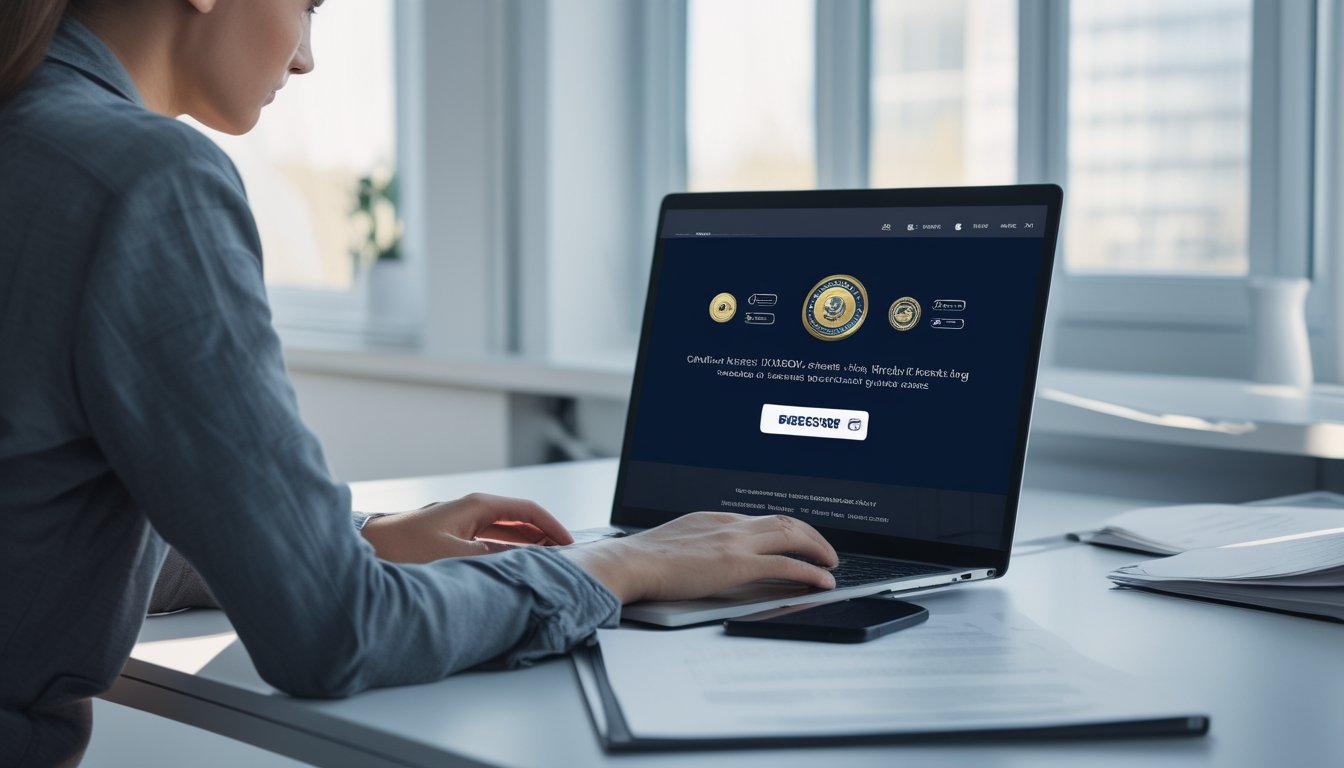 Seseorang duduk di meja kantor memeriksa layar laptop dengan tanda lisensi keamanan, menunjukkan proses verifikasi untuk menghindari penipuan situs slot online.
