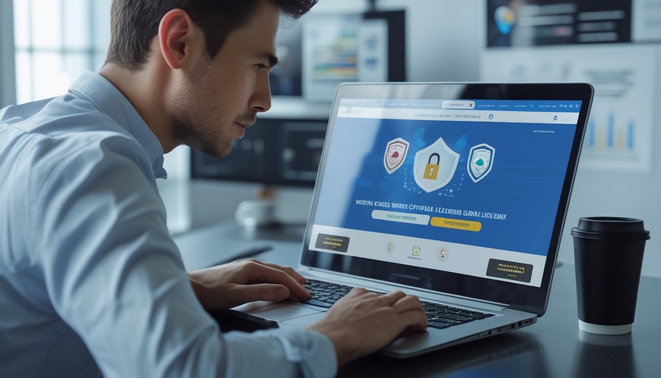 Seseorang duduk di meja dengan laptop, memeriksa situs web dengan ikon keamanan dan lisensi resmi di layar.