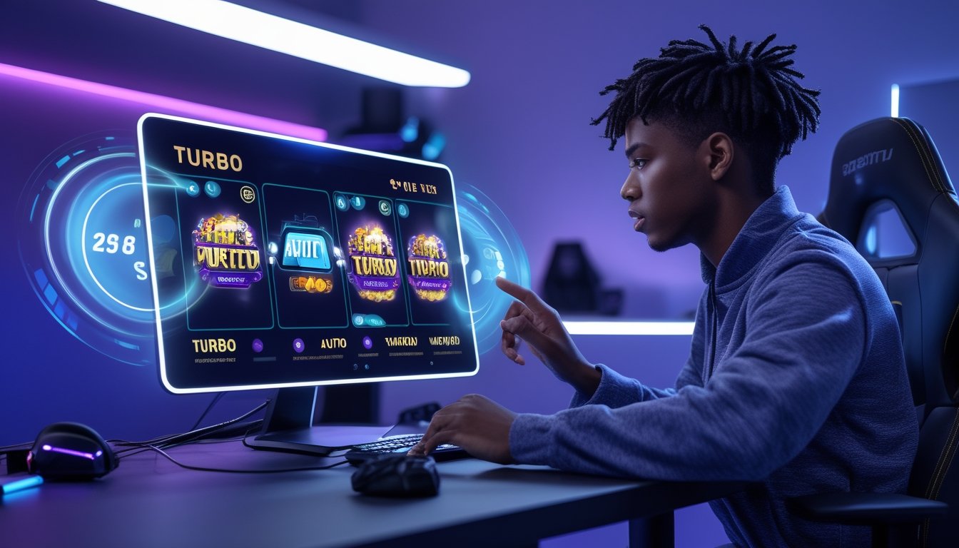 Seorang pemain muda menggunakan perangkat modern untuk bermain slot online dengan fitur Turbo dan Autoplay di ruangan gaming yang terang dan futuristik.