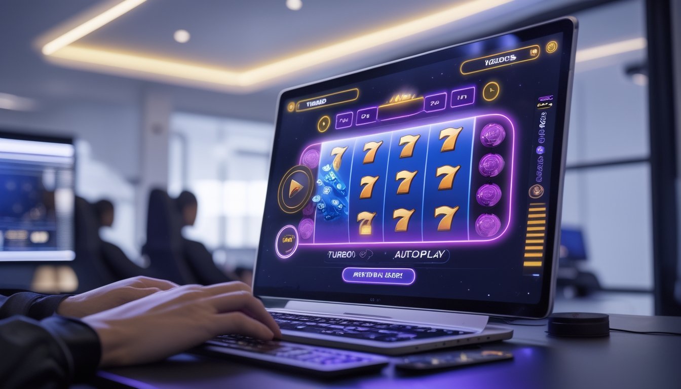 Seorang pengguna sedang bermain permainan slot online modern di komputer dengan tampilan fitur Turbo dan Autoplay yang terlihat melalui ikon di layar.