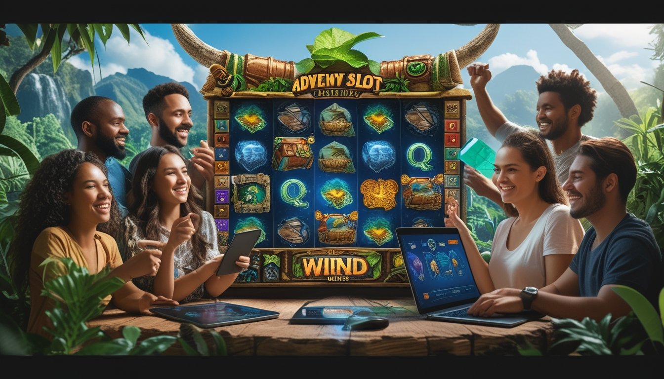Orang-orang yang sedang bermain permainan slot online dengan tema petualangan di latar hutan yang rimbun dan penuh simbol petualangan.
