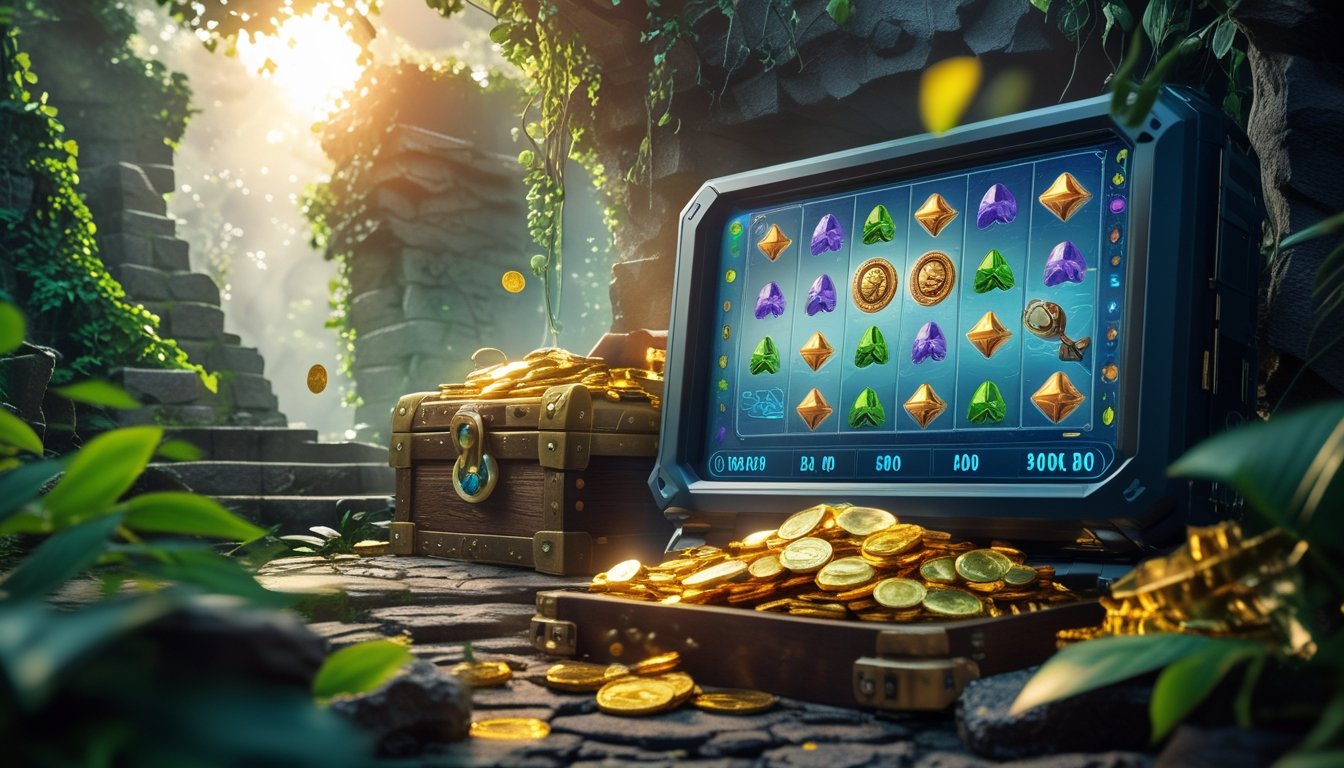 Pemandangan hutan hijau dengan reruntuhan kuno dan peti harta karun di depan mesin slot digital yang menampilkan simbol petualangan.