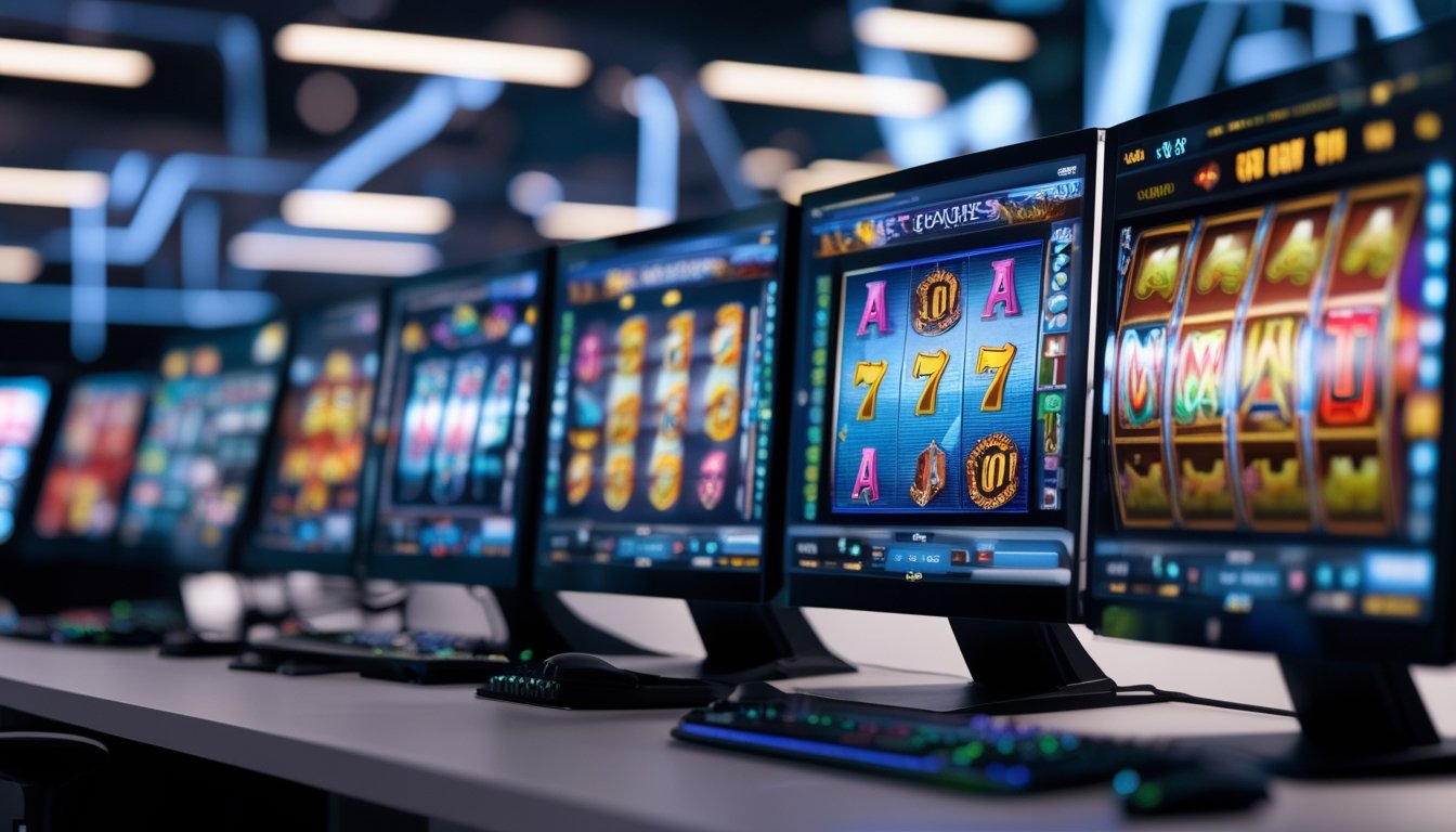 Sebuah ruang kerja modern dengan beberapa monitor yang menampilkan permainan slot online berwarna-warni dan grafik dinamis.