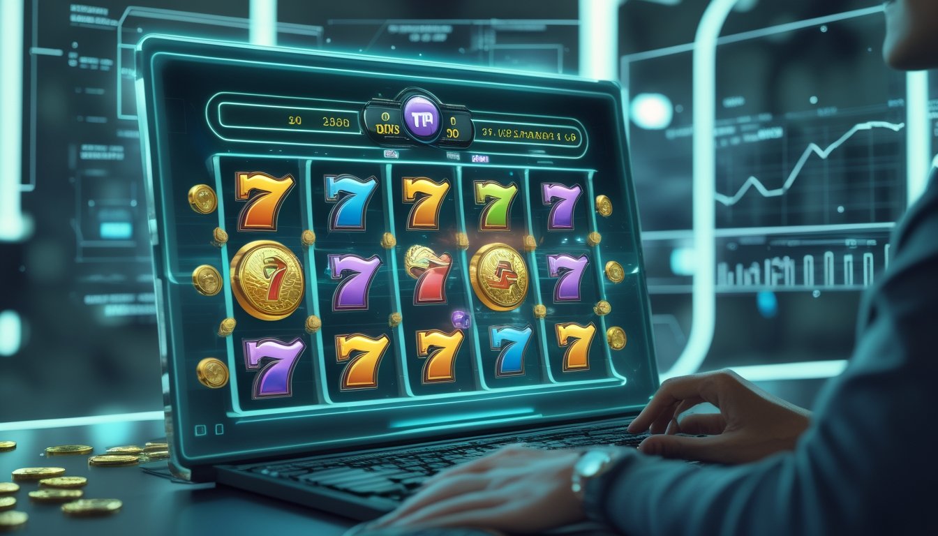 Seseorang sedang melihat layar digital dengan simbol mesin slot dan grafik statistik di latar belakang.