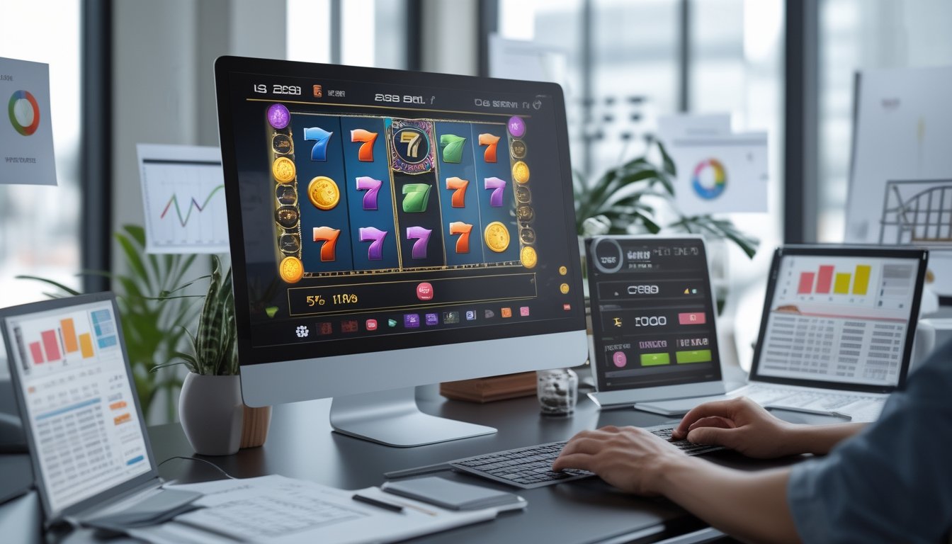Meja kerja dengan komputer menampilkan permainan slot online dan grafik statistik RTP, tangan seseorang sedang menggunakan keyboard dan mouse.