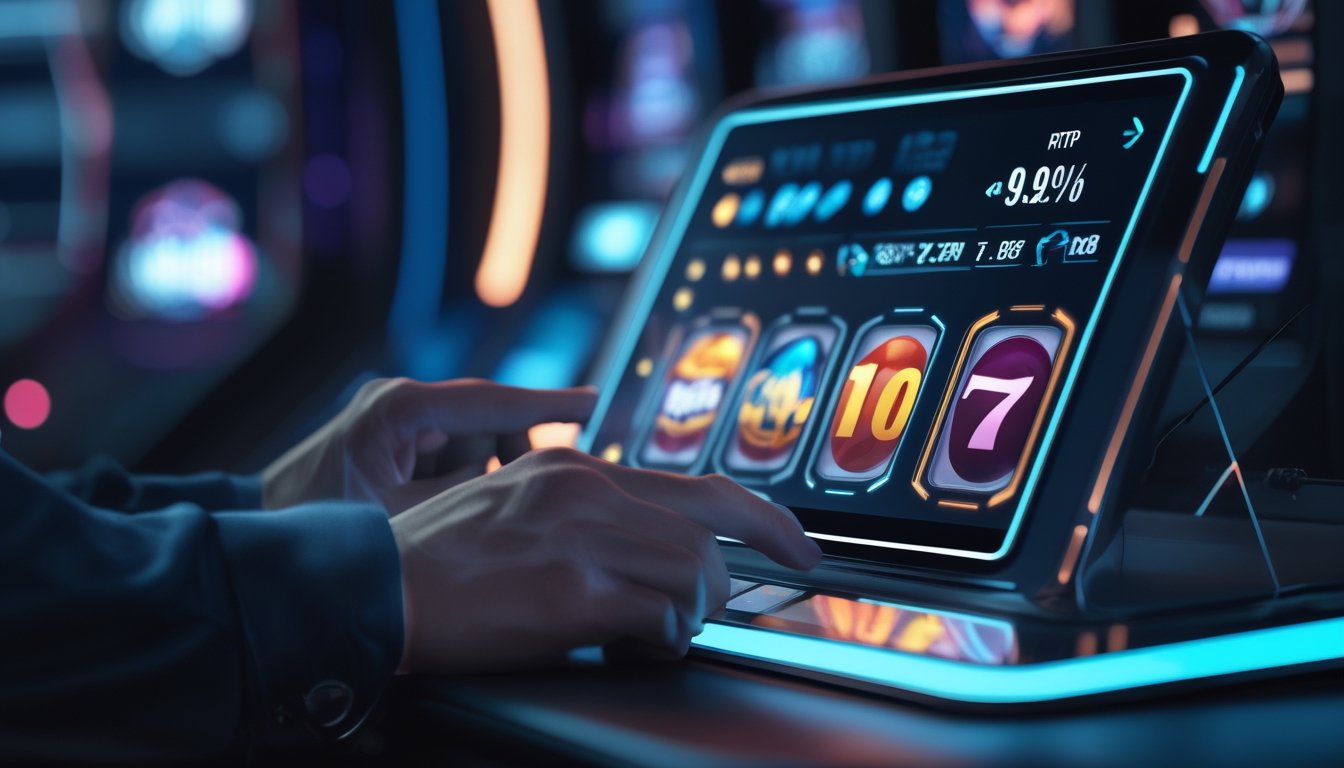 Tangan seseorang sedang menggunakan perangkat layar sentuh dengan ikon permainan slot dan grafik RTP di lingkungan kasino digital modern.