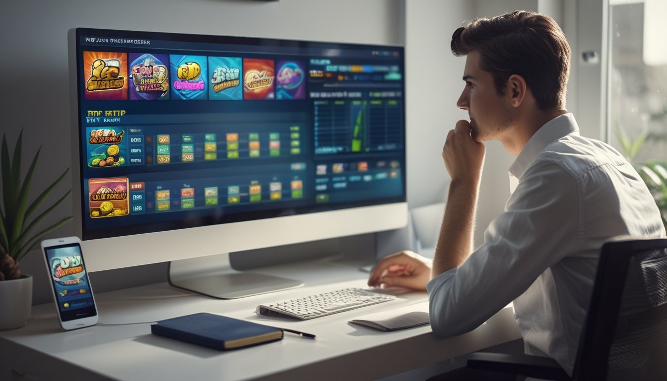 Seorang dewasa muda duduk di meja kerja dengan komputer menampilkan permainan slot online dan grafik statistik, sedang fokus menganalisis data RTP live.