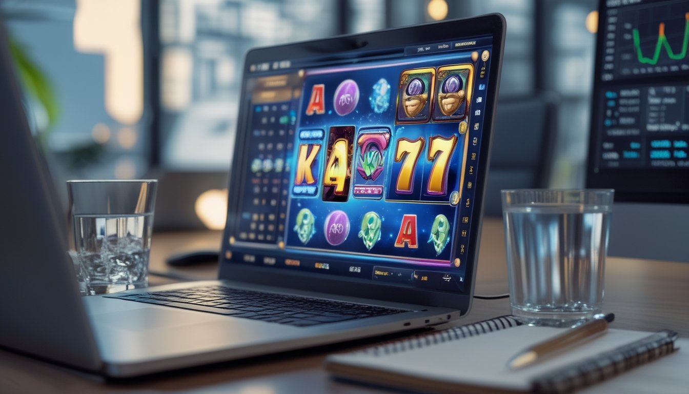 Seorang pengguna komputer sedang melihat layar dengan permainan slot online yang berwarna-warni di meja kerja yang rapi dengan suasana nyaman.