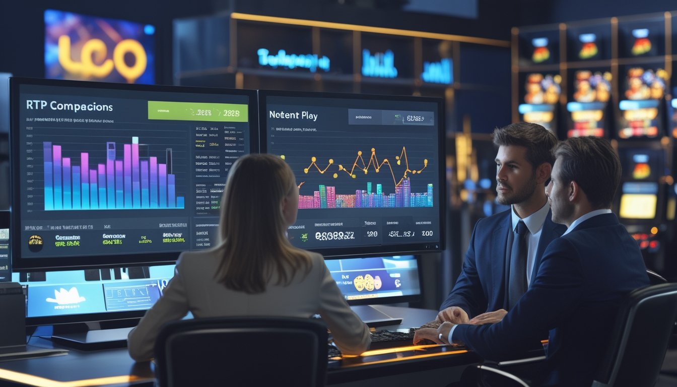 Dua analis bisnis sedang berdiskusi di kantor dengan layar komputer yang menampilkan grafik perbandingan RTP slot Pragmatic Play dan NetEnt tahun 2026.