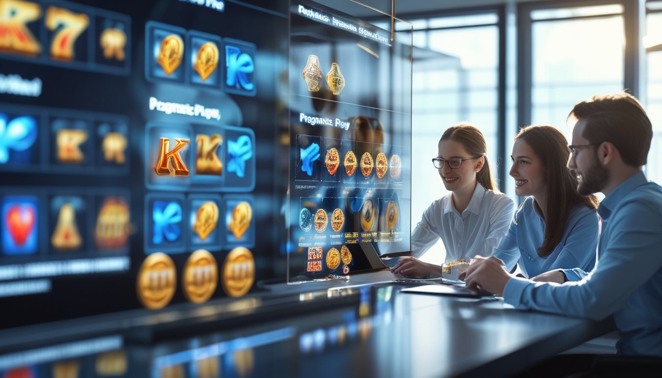 Beberapa profesional sedang menganalisis data perbandingan RTP slot online dari Pragmatic Play dan NetEnt di kantor modern dengan layar digital dan mesin slot di latar belakang.