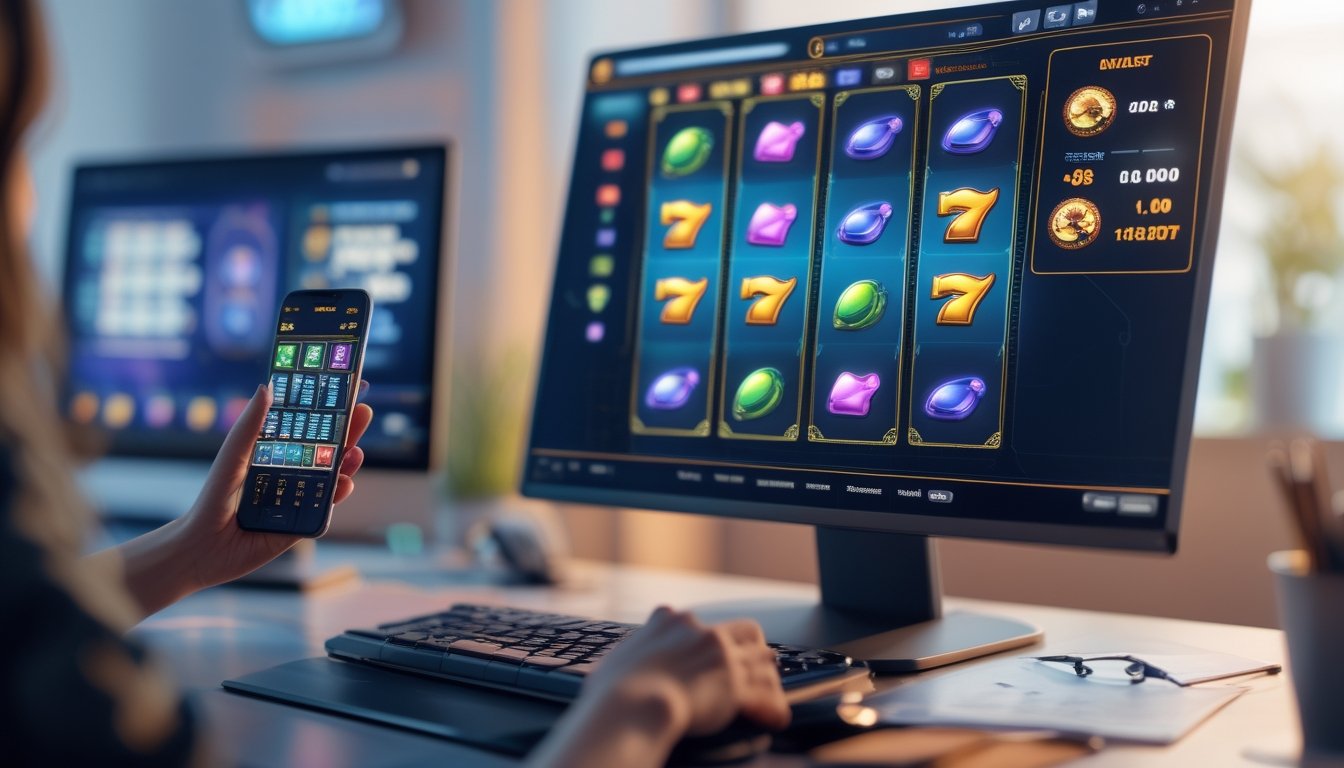 Sebuah meja dengan komputer dan ponsel yang menampilkan permainan slot, dengan suasana yang tenang dan fokus.
