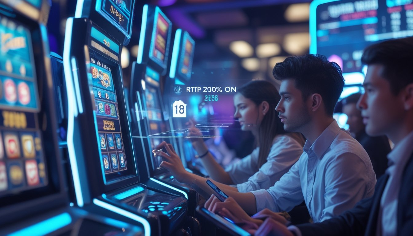 Beberapa orang menggunakan mesin slot digital di kasino modern dengan pencahayaan biru dan ungu, fokus pada permainan slot online dan data statistik.