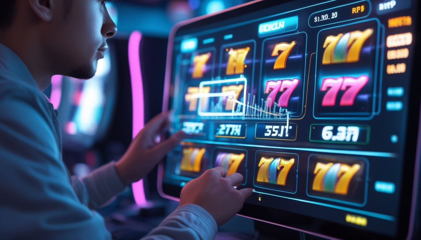 Seorang pemain muda sedang melihat layar komputer yang menampilkan permainan slot online dengan simbol warna-warni dan grafik statistik RTP di latar belakang kasino modern.
