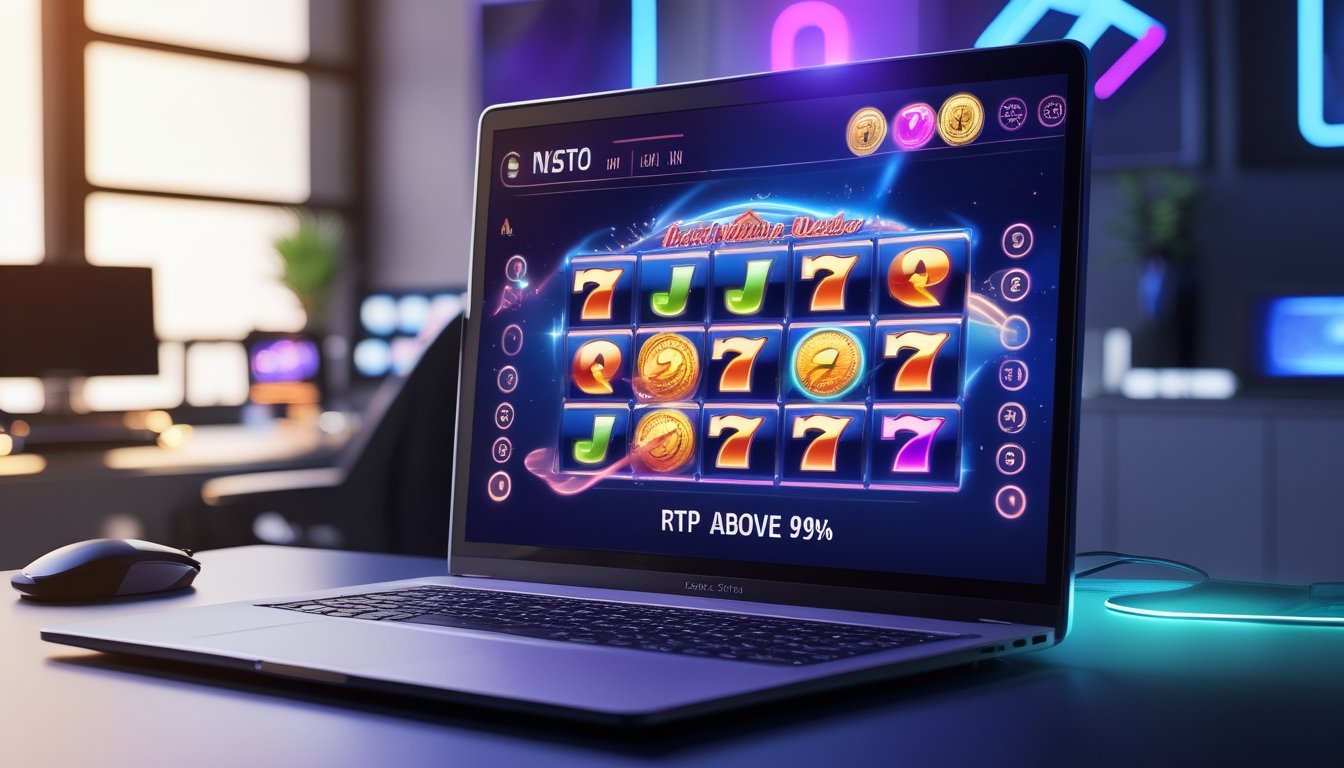 Sebuah ruangan modern dengan komputer menampilkan permainan slot online berwarna-warni yang sedang berjalan.