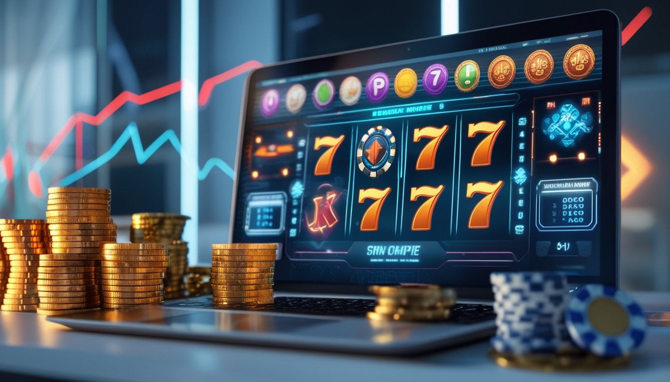 Seorang pemain sedang menggunakan komputer dengan tampilan permainan slot online yang penuh warna, dikelilingi oleh tumpukan koin emas dan chip poker di meja yang rapi.