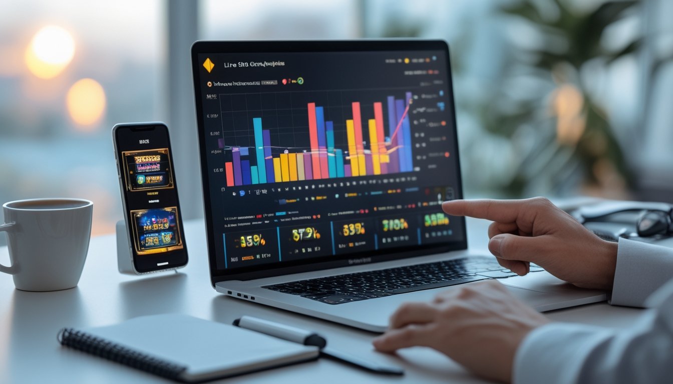 Seseorang sedang menggunakan laptop dan ponsel di meja kerja dengan grafik dan permainan slot online di layar.