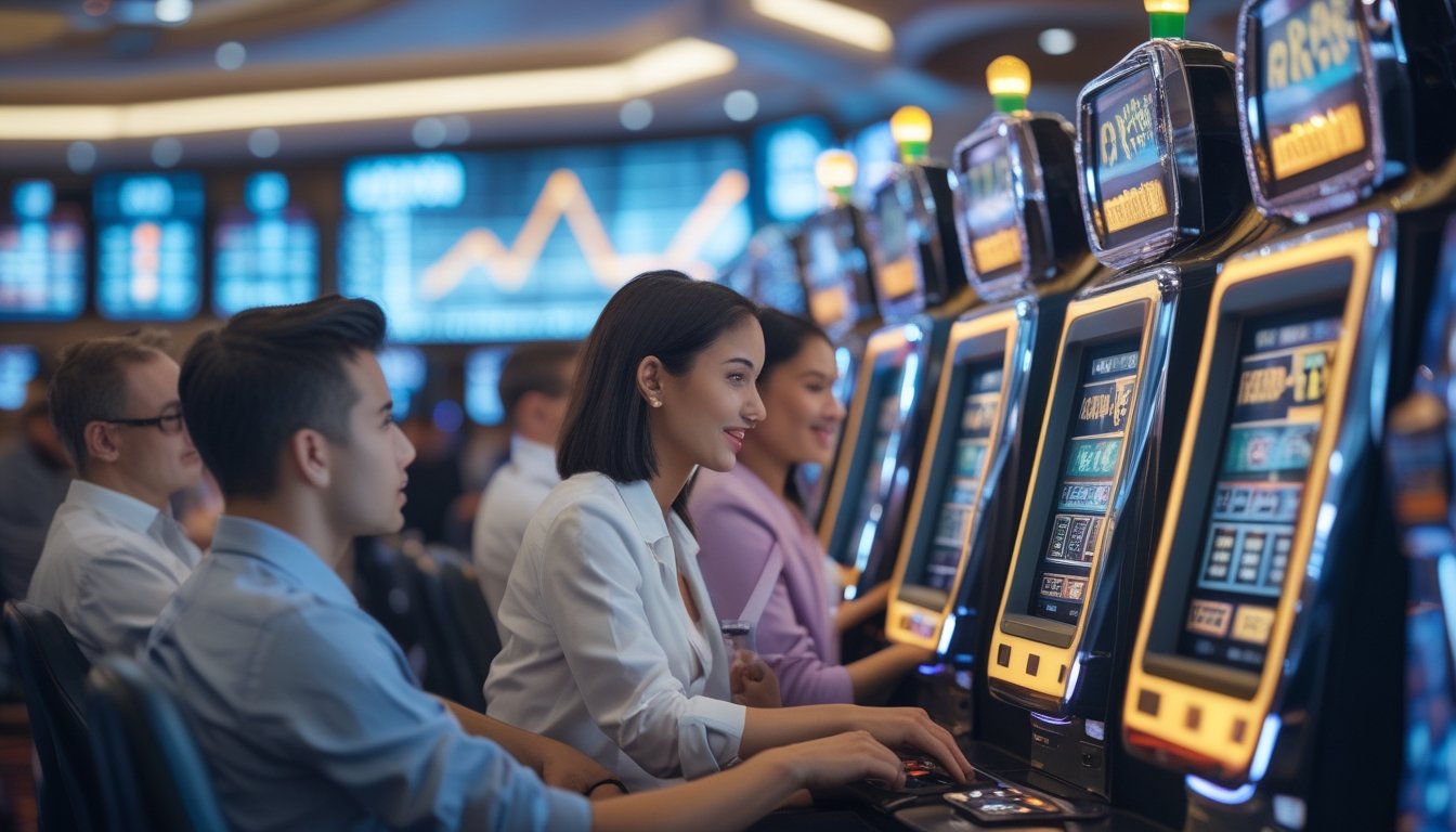 Beberapa orang bermain mesin slot berwarna-warni di kasino modern dengan layar digital dan grafik statistik di latar belakang.