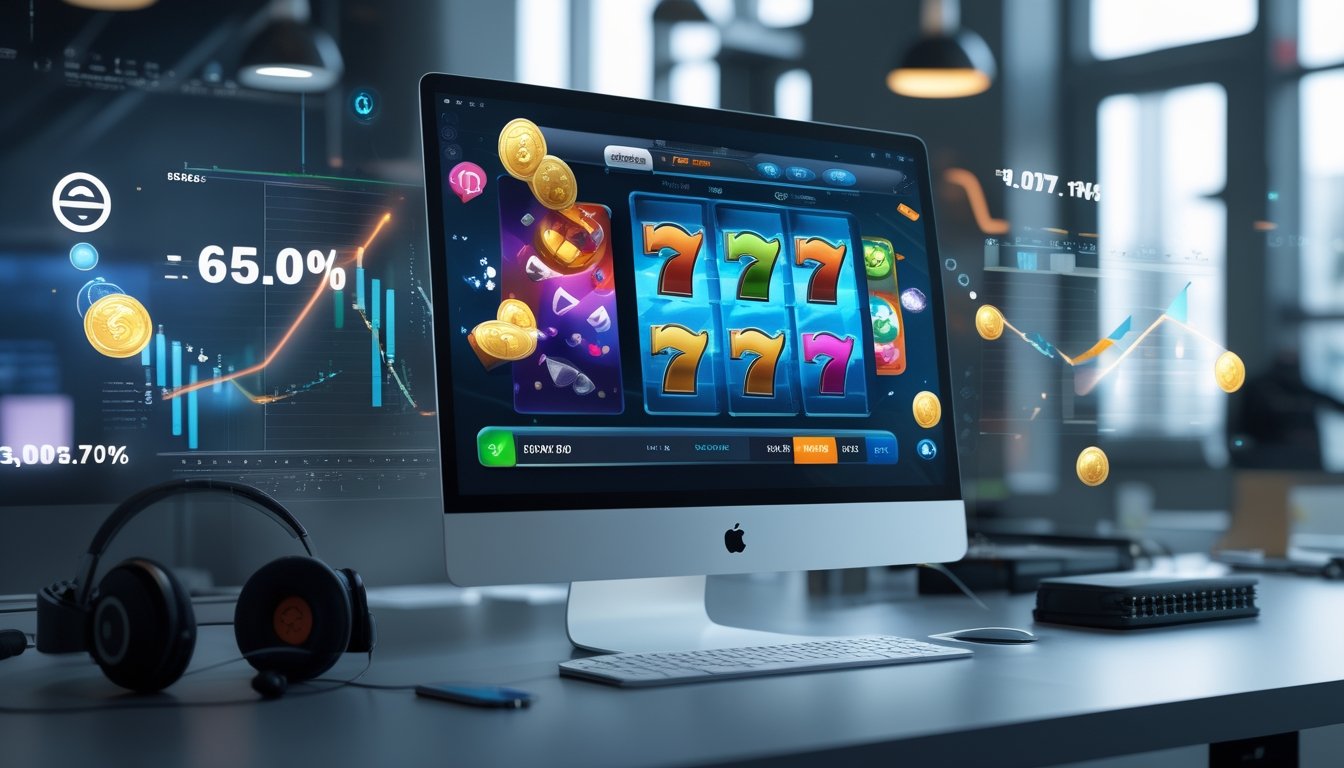 Seorang pemain duduk di depan komputer dengan layar menampilkan permainan slot online dan grafik yang menunjukkan perubahan nilai RTP.