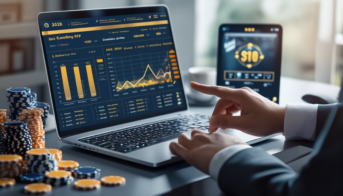 Seseorang sedang menganalisis data statistik RTP pada laptop di meja kerja modern dengan ponsel yang menampilkan aplikasi judi slot online.