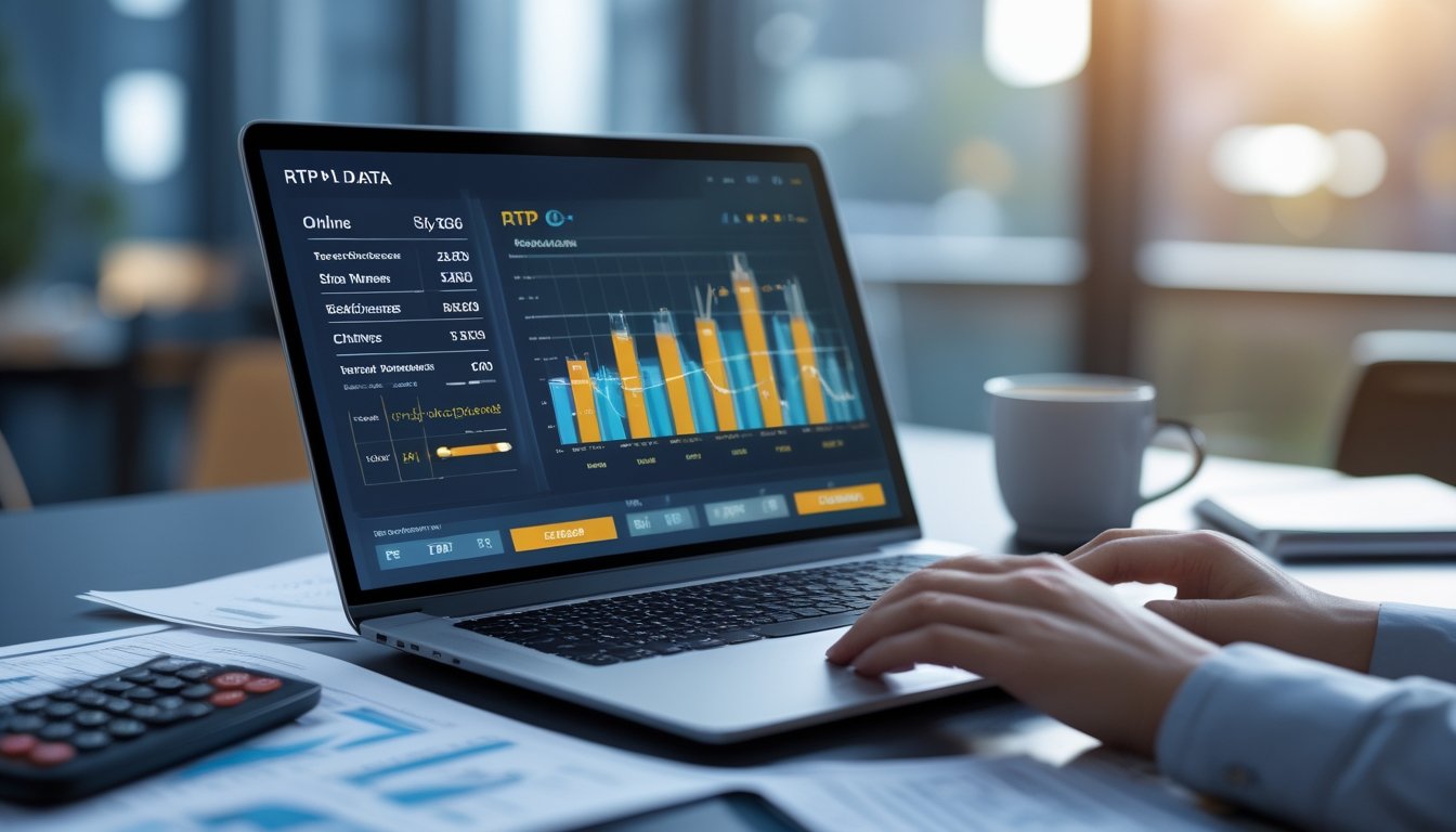 Seorang profesional sedang menganalisis data RTP slot online di laptop di meja kerja dengan dokumen dan kalkulator.