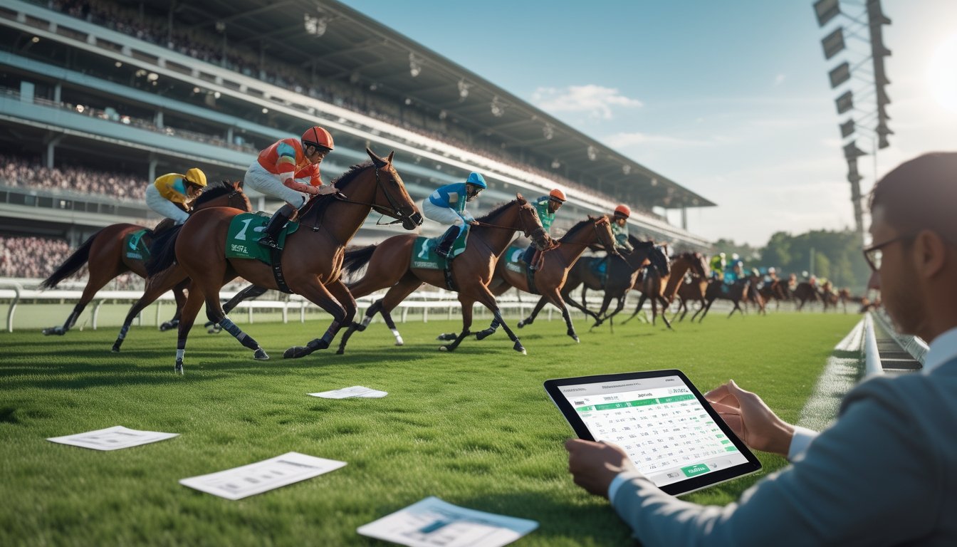 Seorang petaruh fokus menggunakan tablet digital sambil menonton balapan kuda jarak jauh di lintasan hijau dengan stadion penuh penonton di latar belakang.