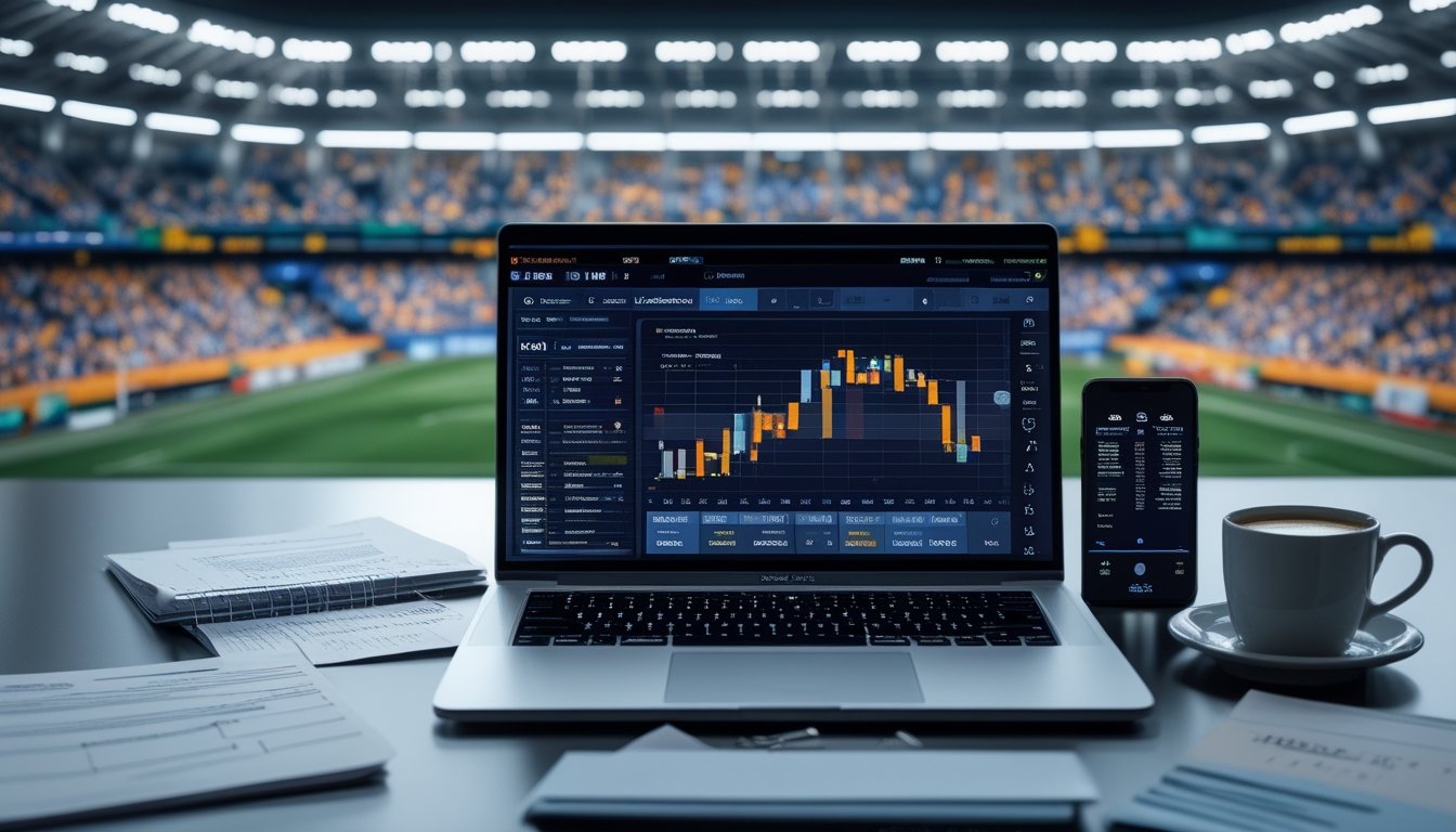 Seorang pria sedang bekerja di meja dengan laptop yang menampilkan grafik taruhan sepak bola, di latar belakang stadion sepak bola penuh penonton.