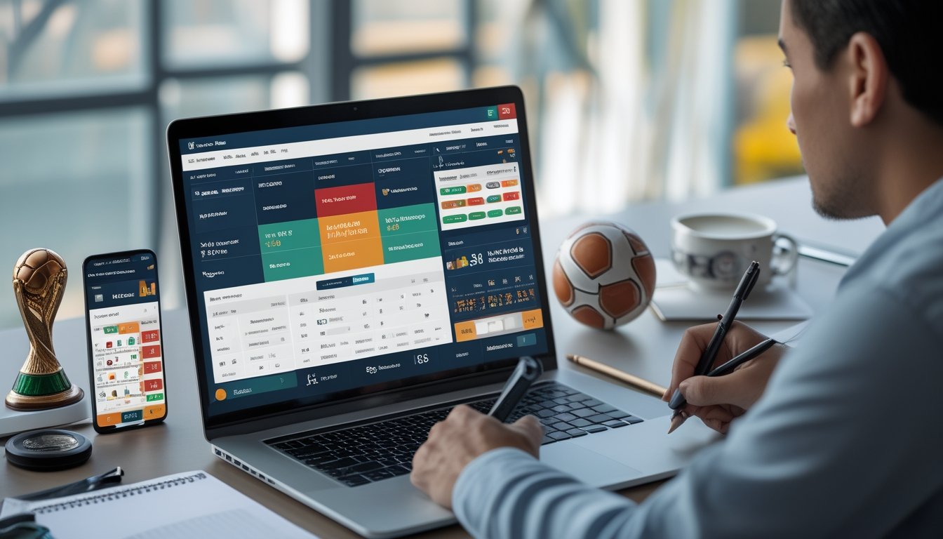 Seseorang sedang menganalisis data taruhan sepak bola di depan laptop dengan bola dan trofi Piala Dunia kecil di meja.