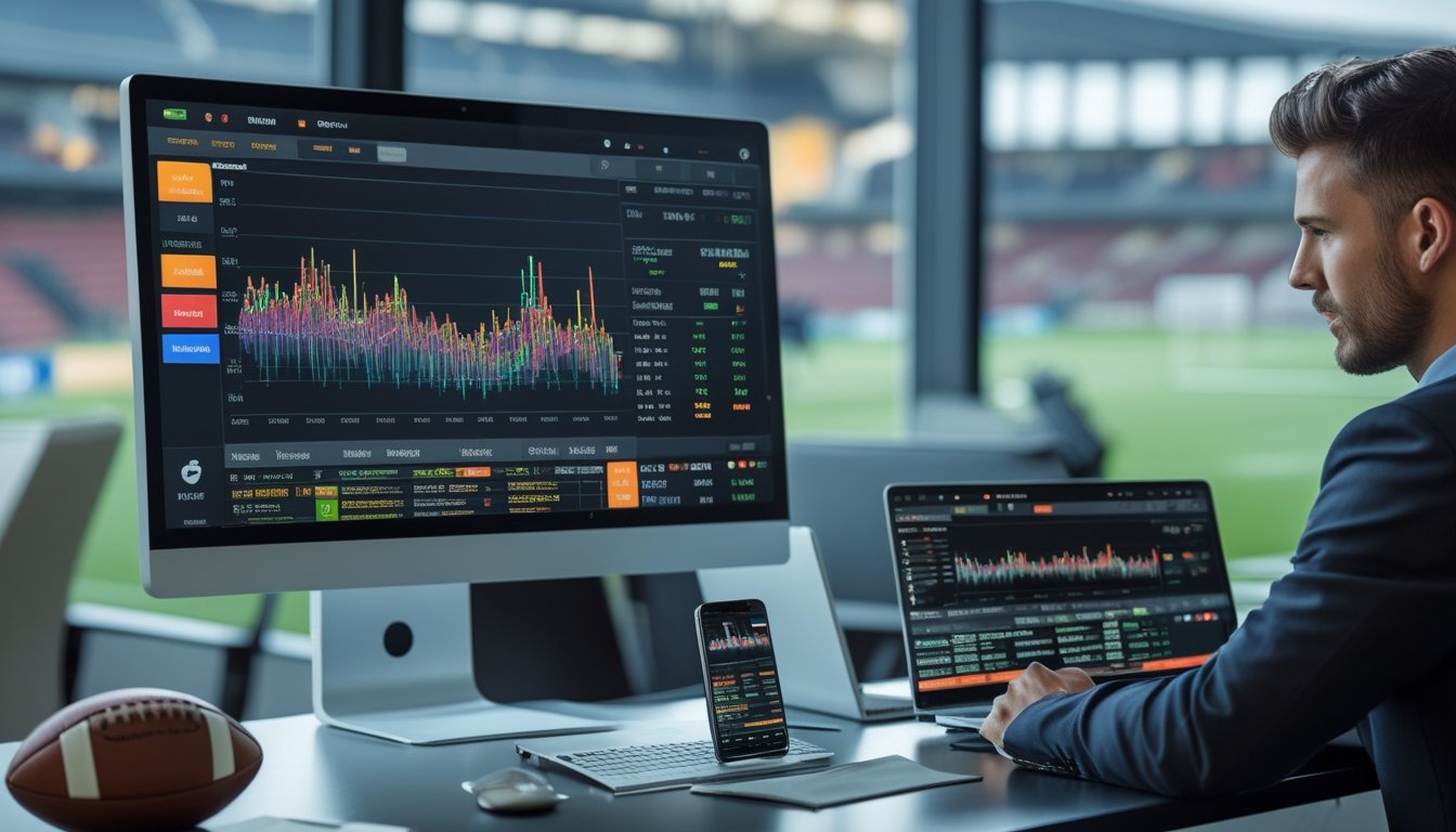 Seorang pria sedang menganalisis data odds sepak bola yang berubah secara real-time di sebuah ruang kerja modern dengan komputer dan ponsel.