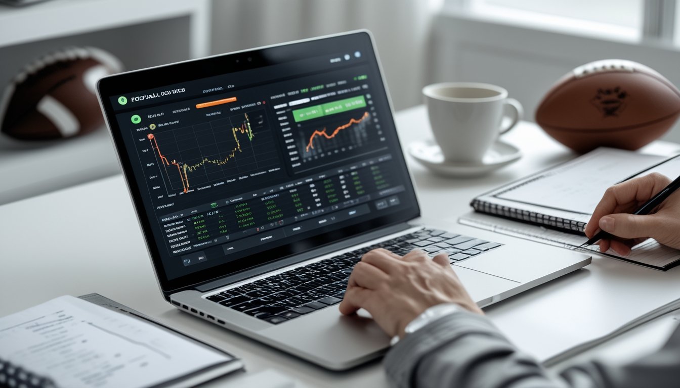 Meja kerja dengan laptop yang menampilkan grafik odds sepak bola secara real-time, tangan seseorang memegang pena di atas buku catatan, dan bola sepak di latar belakang.