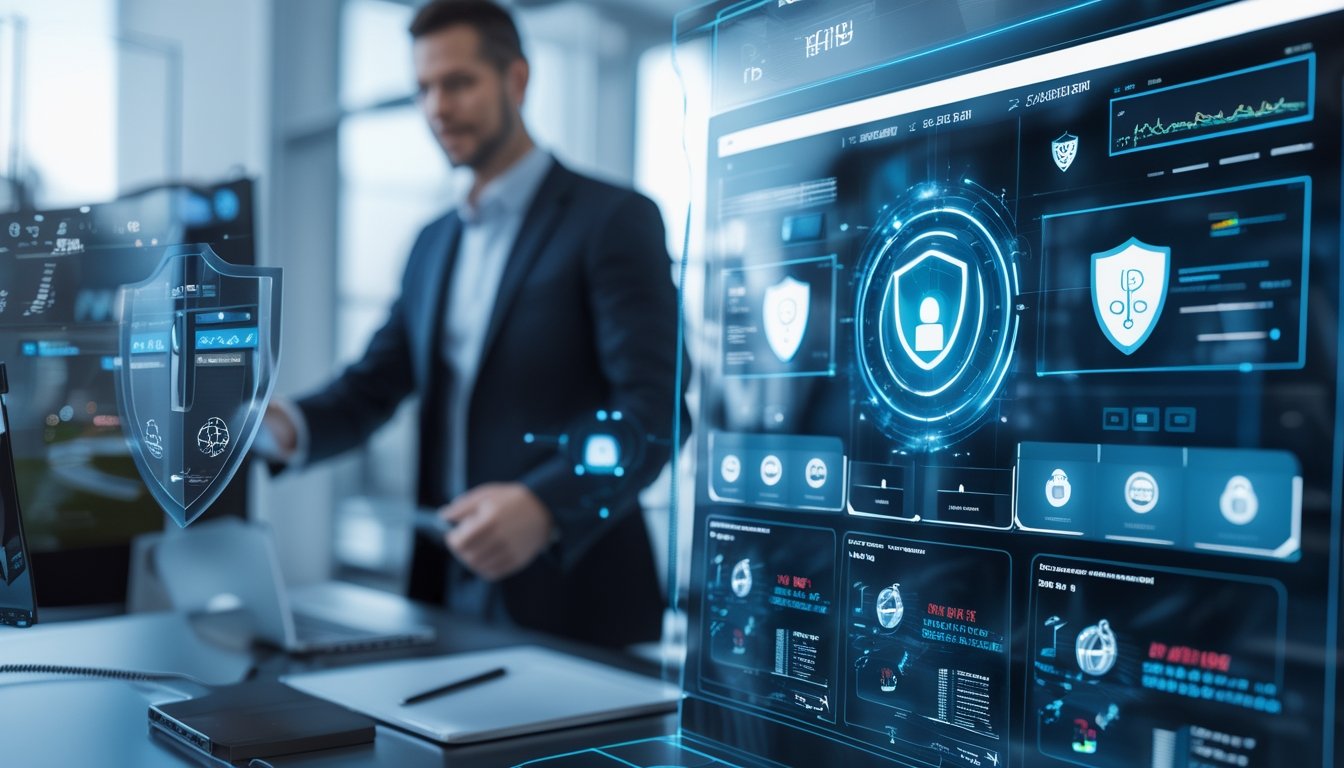 Seorang profesional sedang menganalisis data keamanan platform taruhan olahraga dengan tampilan antarmuka digital yang modern dan futuristik.