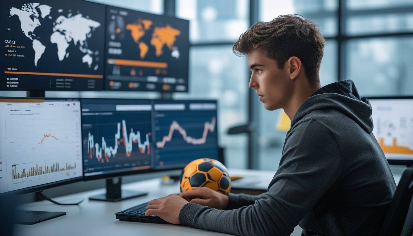 Seorang pemain sepak bola muda sedang menganalisis data statistik di depan beberapa layar komputer di sebuah kantor modern.