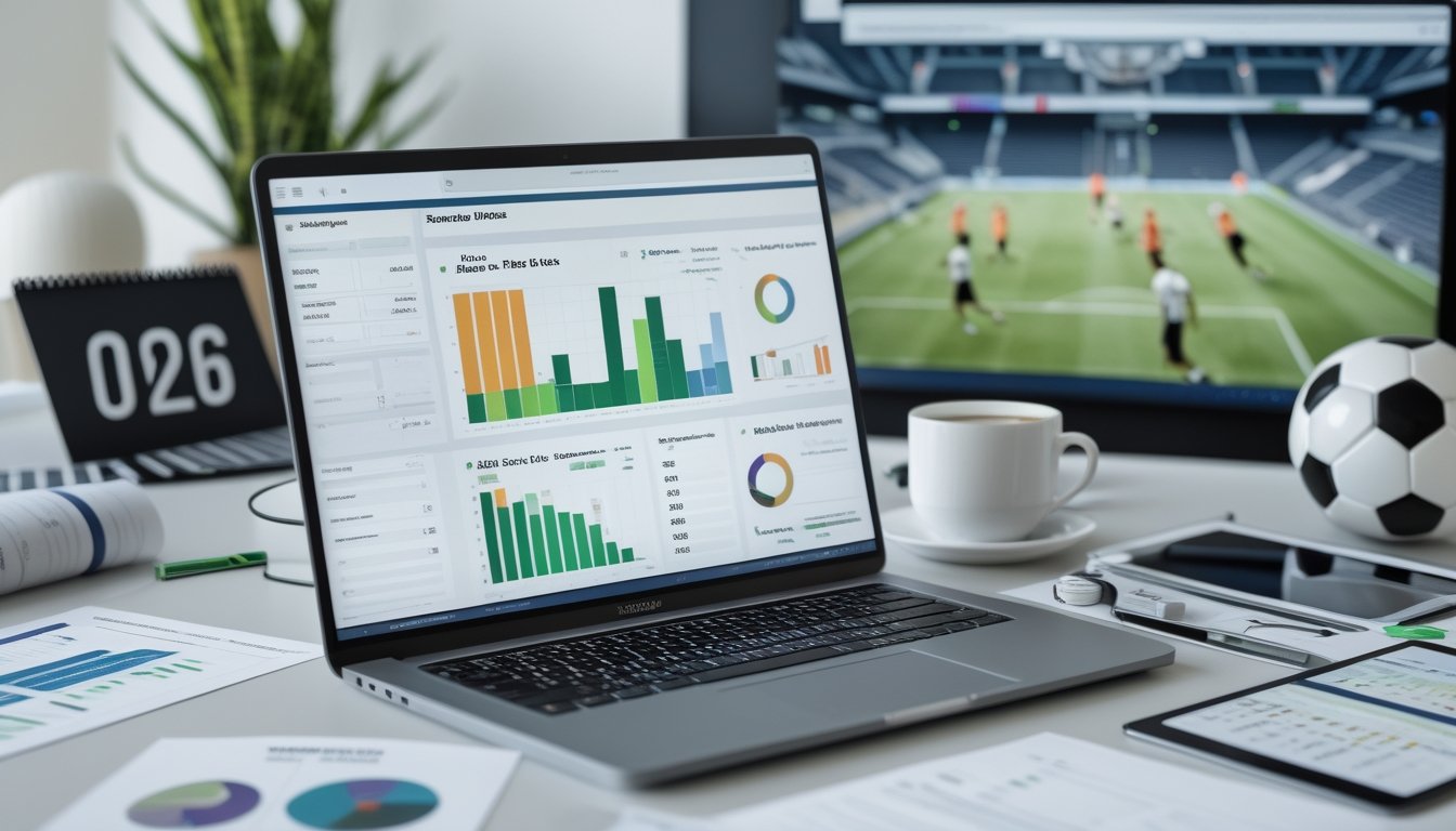 Ruang kerja modern dengan laptop dan layar besar yang menampilkan grafik dan statistik pemain muda sepak bola untuk Piala Dunia 2026.