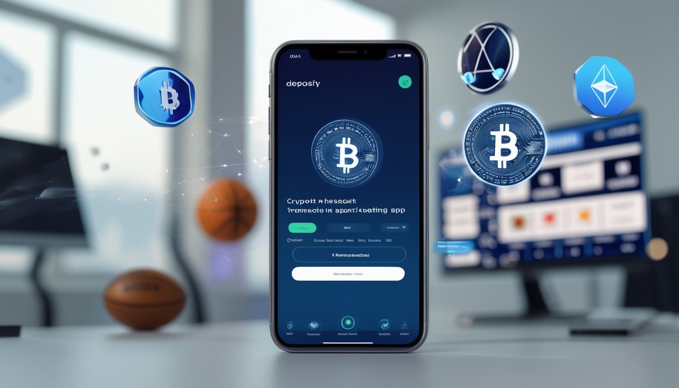 Sebuah ponsel modern menampilkan aplikasi taruhan olahraga dengan ikon cryptocurrency mengelilinginya, latar belakang menampilkan simbol berbagai olahraga.
