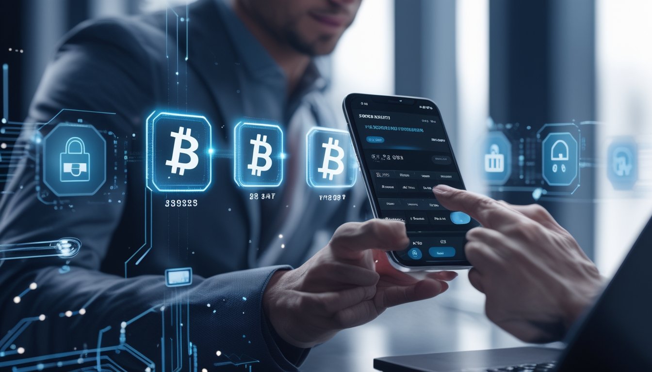 Seseorang menggunakan ponsel dengan ikon cryptocurrency dan simbol keamanan digital di latar belakang teknologi.
