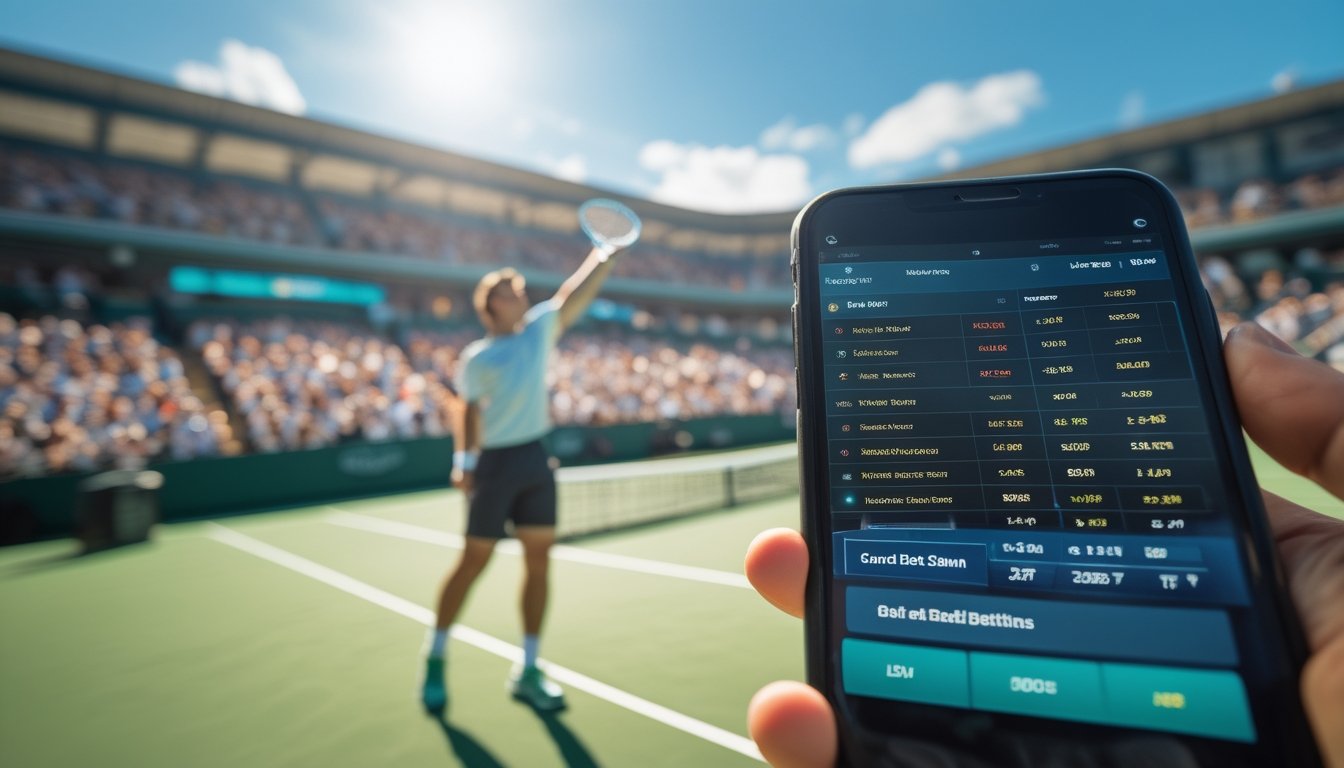Seorang pemain tenis sedang melakukan servis di lapangan hijau dengan penonton di latar belakang dan perangkat digital menampilkan informasi taruhan langsung.