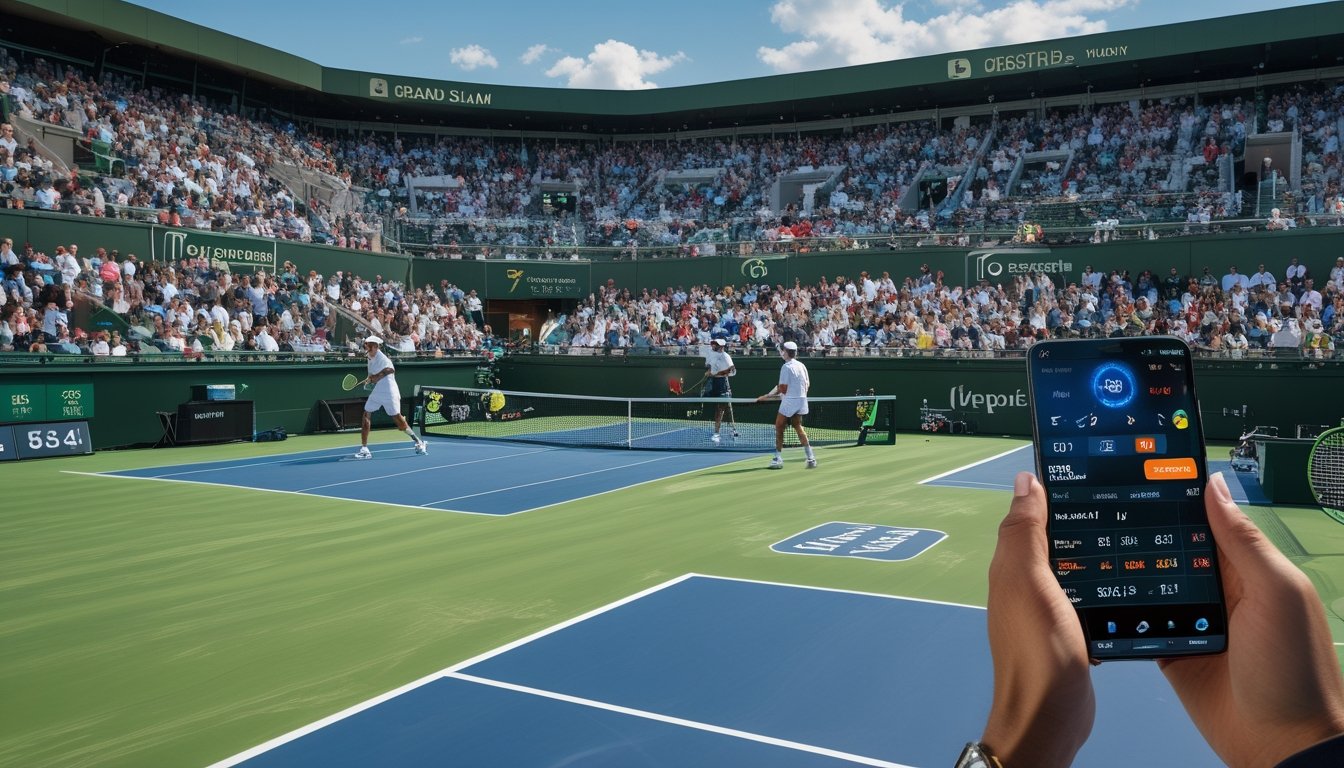 Pertandingan tenis Grand Slam sedang berlangsung dengan dua pemain yang sedang bertanding di lapangan, di depan penonton yang ramai.