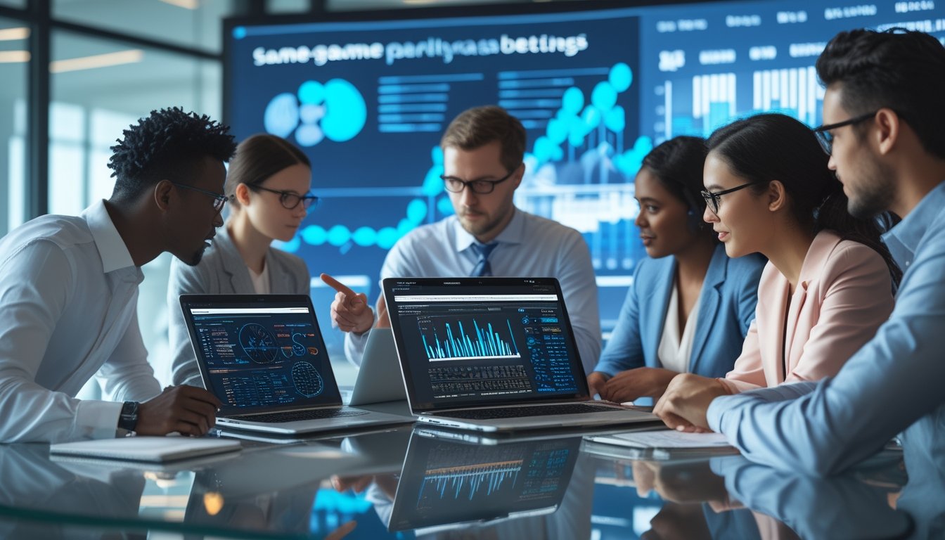 Sekelompok profesional bekerja bersama di ruang kantor dengan perangkat digital menampilkan data dan grafik, menunjukkan kolaborasi antara analisis data dan insting dalam membuat keputusan taruhan.