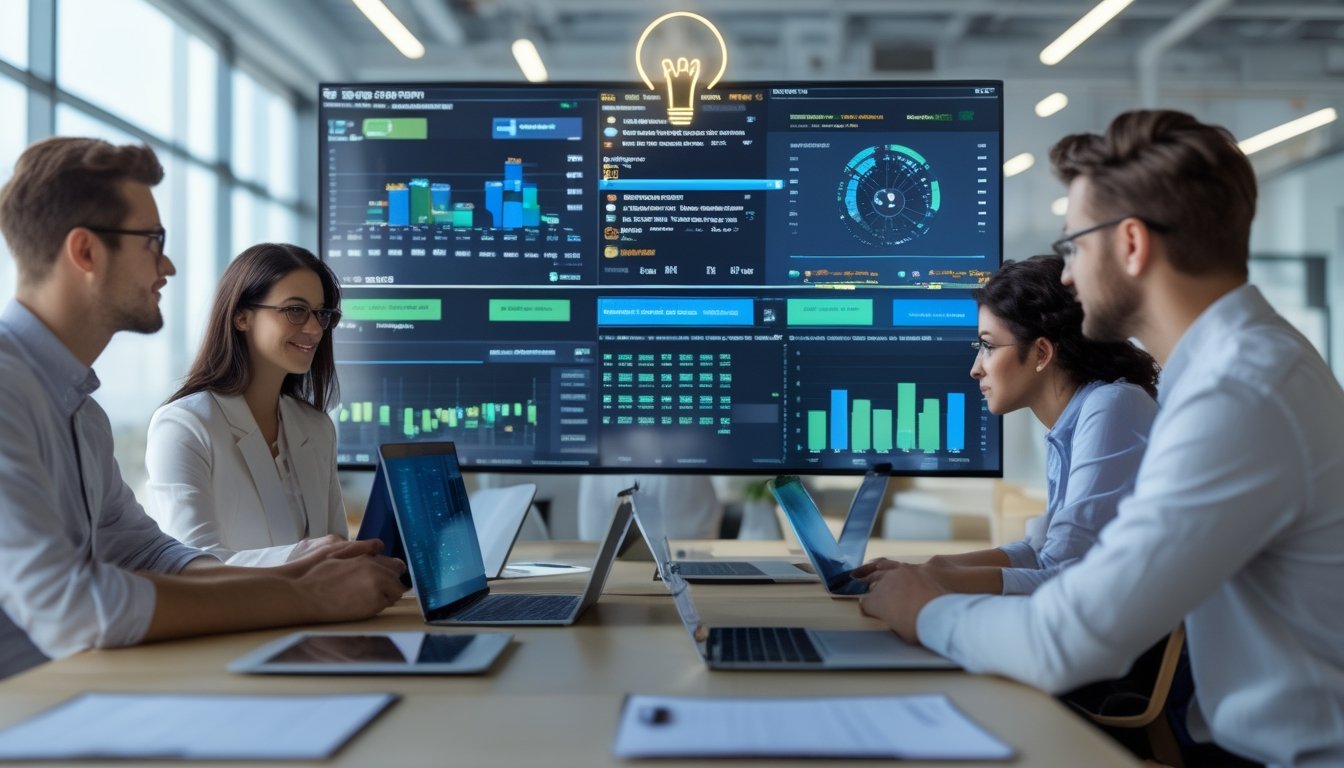 Sekelompok profesional sedang menganalisis data di layar digital di ruang kantor modern, bekerja sama menggunakan teknologi untuk membuat keputusan taruhan parlay.