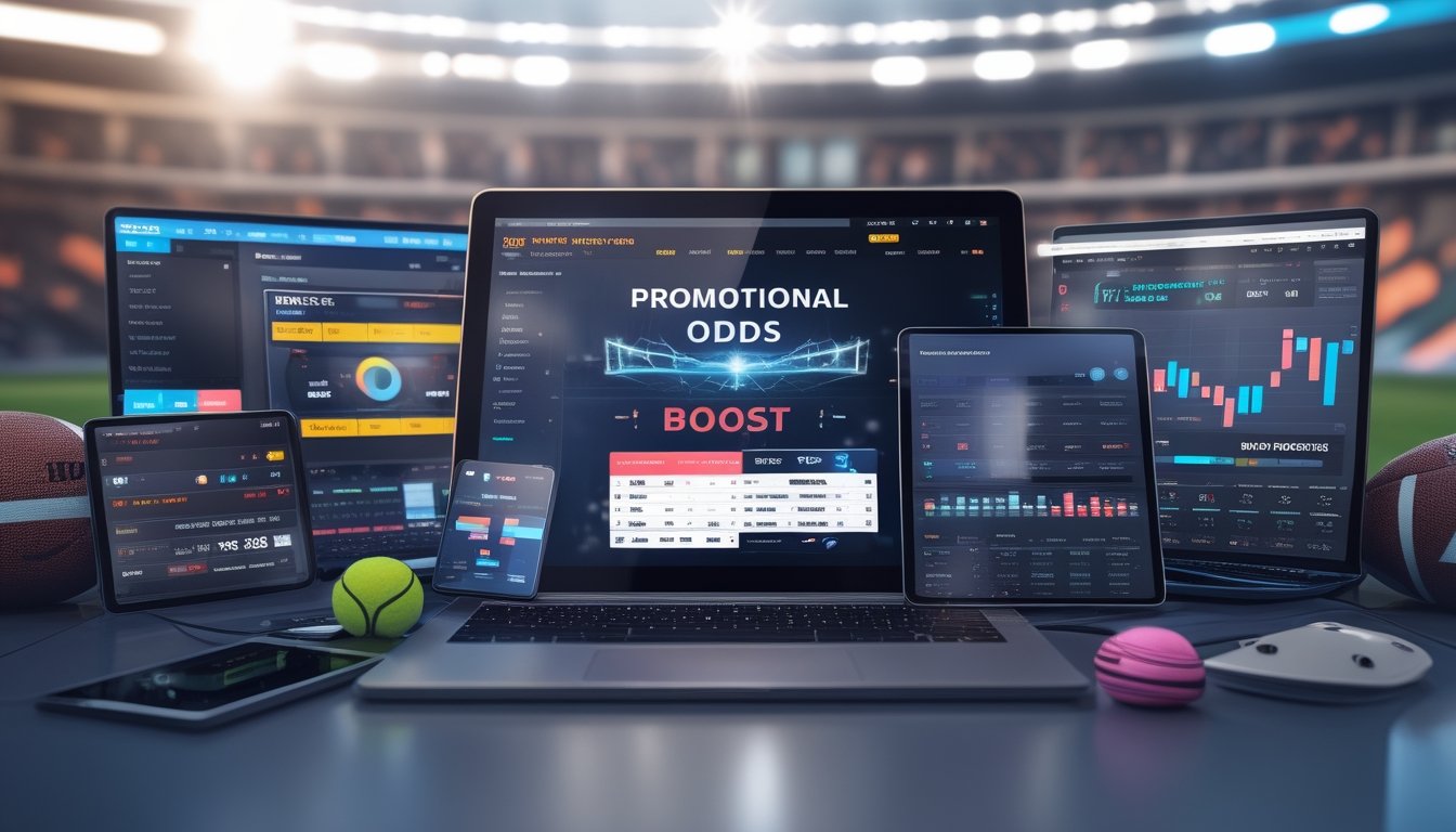 Beberapa perangkat digital di atas meja menampilkan antarmuka taruhan olahraga dengan grafik dan data perbandingan odds boost dari berbagai platform taruhan.